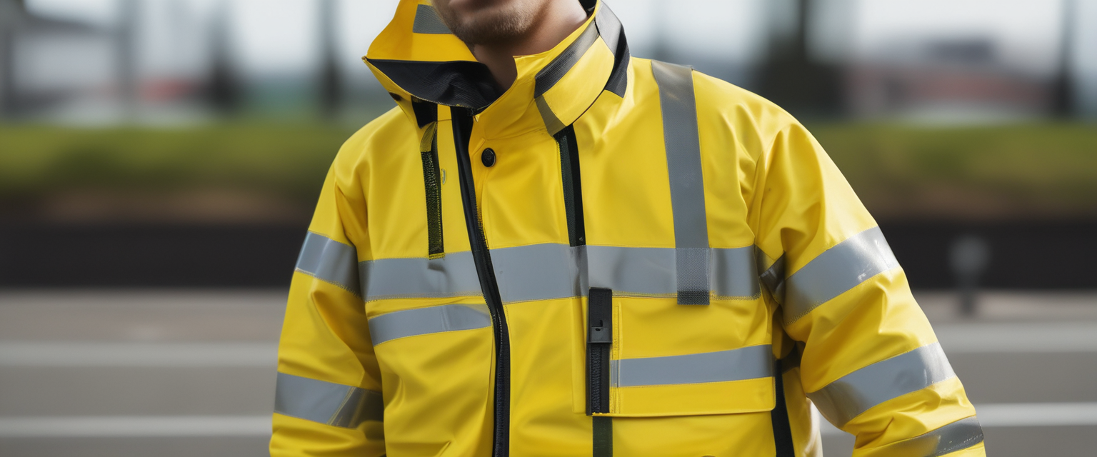 Various workwear items including high-visibility vests and work pants